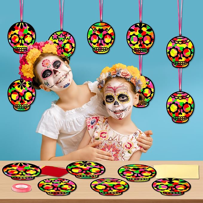 Qyeahkj 36 Set Day of The Dead Suncatchers Crafts for Kids DIY Skull Window Tissue Paper Craft Kit Hanging Decor for Mexico Home Activity Art Project Birthday Party Favor Gift