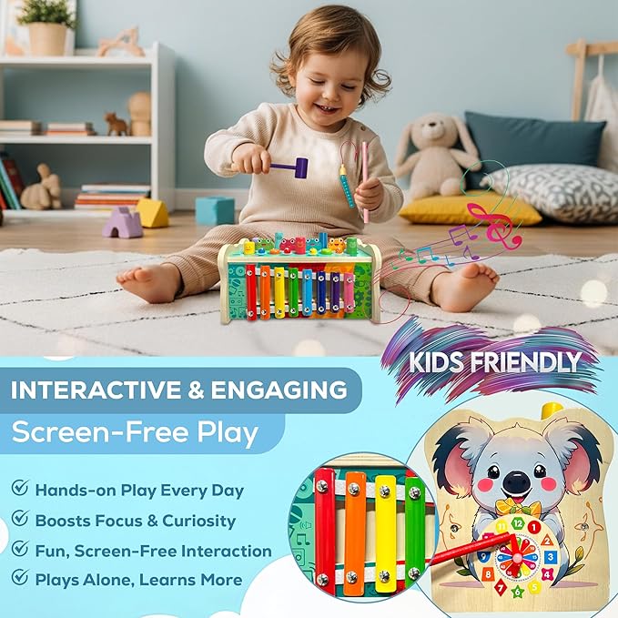 Montessori Wooden Hammering Toy โ 6-in-1 Xylophone, Pound Bench, Shape Sorter & Learning Tool for Toddlers | Educational Musical Toy for Boys & Girls Ages 1โ5 | Develops Motor Skills & Sensory Play