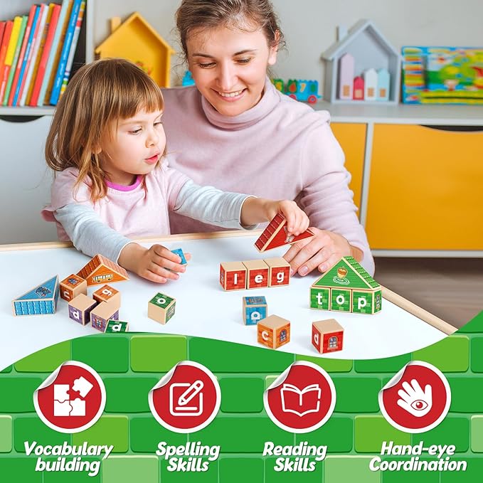 CVC Kasfalci Wooden Alphabet Letter Blocks - Toddler Phonics Games for Learning to Read & Spell, Speech Therapy Toys for Preschool Kindergarten Classroom