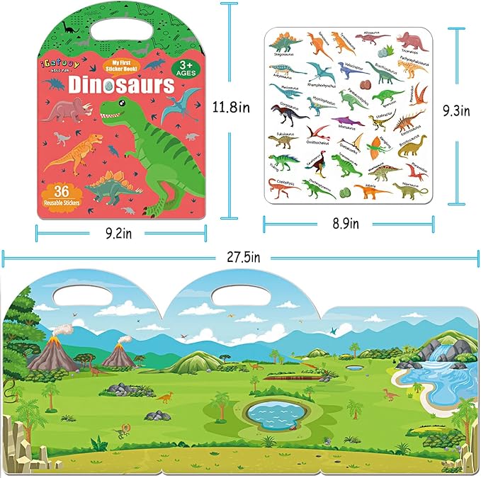 Reusable Sticker Book for Toddlers, Sticker Books for Toddlers 3+ Years, Airplane Travel Essential for Kids, Stickers for Kids (Dinosaurs)