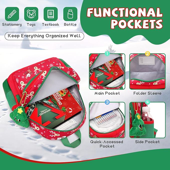 Kids Christmas Backpack Holiday School Bag with Santa & Reindeer Print, Lightweight Durable Bookbag with Plush Keychain Gift for Boys Girls
