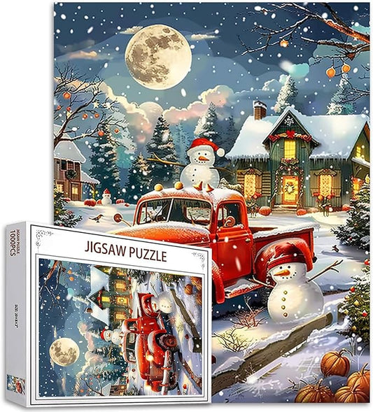 Merry Christmas 1000 Piece Jigsaw Puzzles for Adults Red Car and Snowman Painting Jigsaw Wooden House Puzzles for Challenging Family Activity Winter Scenery Art DIY Puzzle Decor Gifts(Colorful