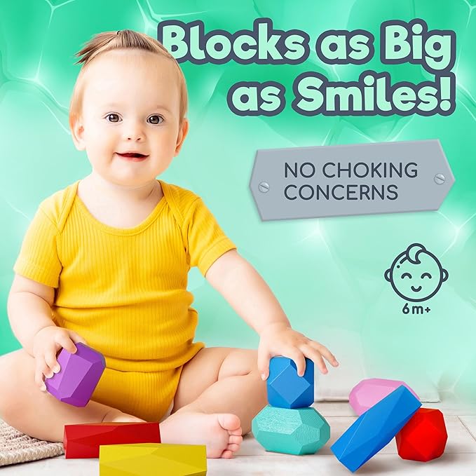 Wooden Stacking Blocks โ Montessori Toys for 1 2 3 4 5 6 Year Old Toddlers and Kids, No Choking Hazard โ Building Rocks Stones Games, for Girls and Boys