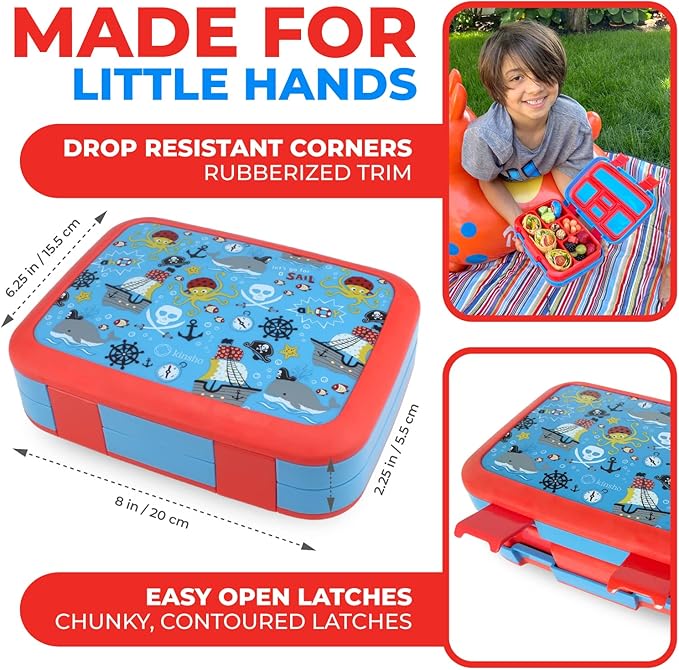 Bento Box with Thermo and Insulated Lunch Bag Set for Kids Boys Toddlers, 5 Compartment Lunch-box with Ice Pack and Utensil, For Hot and Cold Food, Soup, Blue Pirates