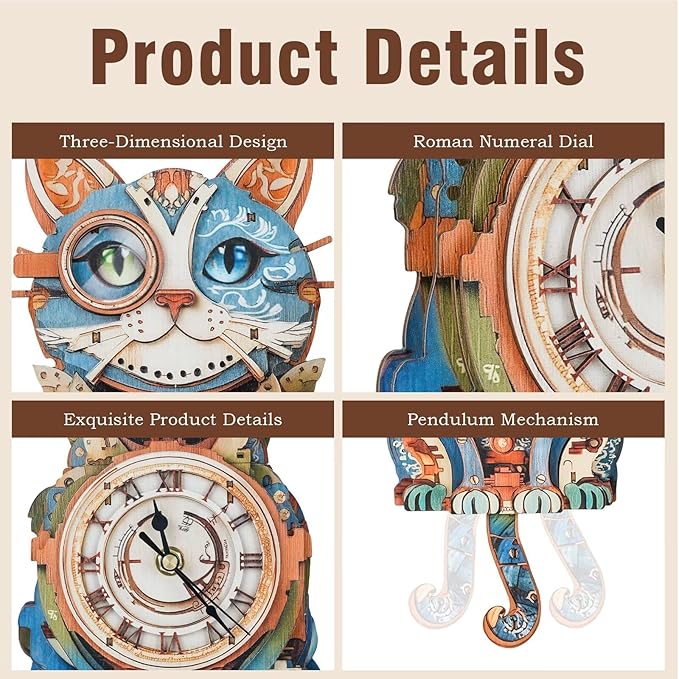 3D Puzzles for Adults, Cute Cat Wall Clock 3D Wooden Puzzles Clock Kits for DIY Birthday Gift for Women Men Home Decor Holiday Christmas