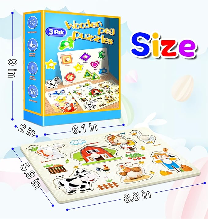 Wooden Peg Puzzles for Toddlers,Montessori Toddler Puzzles for Child,Fine Motor Skill Learning Puzzles Toys for Baby Boys Girls Gifts-3 Pcs Shape,Farm,Sea Animal