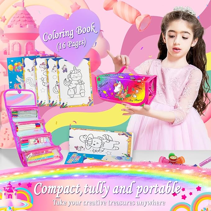 56 PCS Washable Scented Markers Set with Glitter Pencil Case, Mermaid Unicorn Arts and Crafts for kids 4-6-8 Kids Coloring Drawing Kits for 4-8 Years Old Girls Birthday Gifts
