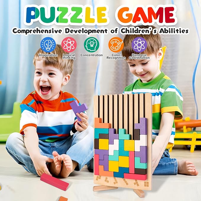 Wooden Stacking Puzzle Toy, Wooden Puzzles 3D Russian Colored Block Puzzle Toy Montessori Educational Gift for Boys and Girls Board Game for Toddlers Brain Teasers for Toddlers 3-6 Years