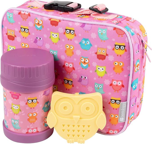 Bentology Kids Lunch Bag Set w Matching Reusable Food Jar & Hard Ice Pack- Owl- Insulated Tote, Stainless Steel thermos & Freezer Pack to Keeps Food Fresh for Hours- Back to School Lunch Box Kits