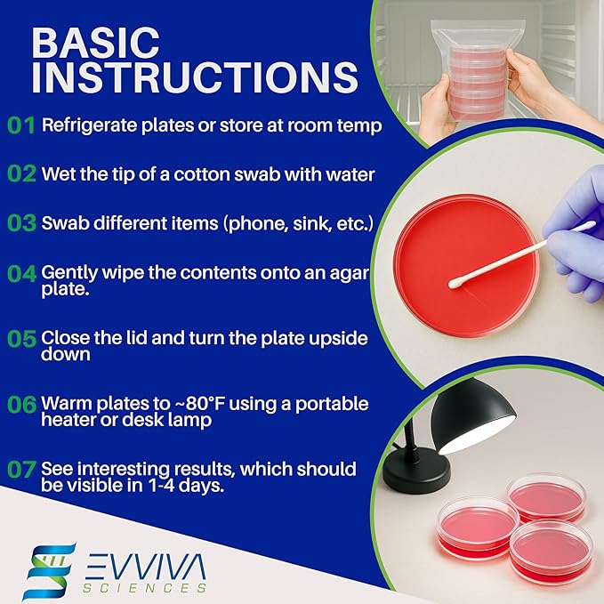 Evviva Sciences Nutrient Agar Petri Dishes Science Project Kit, Pre-Poured Agar Plates for Science Experiments, with Experiment eBook (RED)