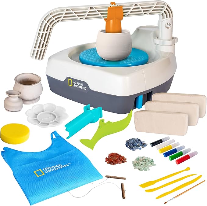 Blue Marble National Geographic Deluxe Pottery Wheel Kit – Complete Starter Pottery Set, Plug-in Motor, 3 lbs. Air Dry Clay, Gemstone Chips, Sculpting Tools, Patented Arm Tool, Paints & More