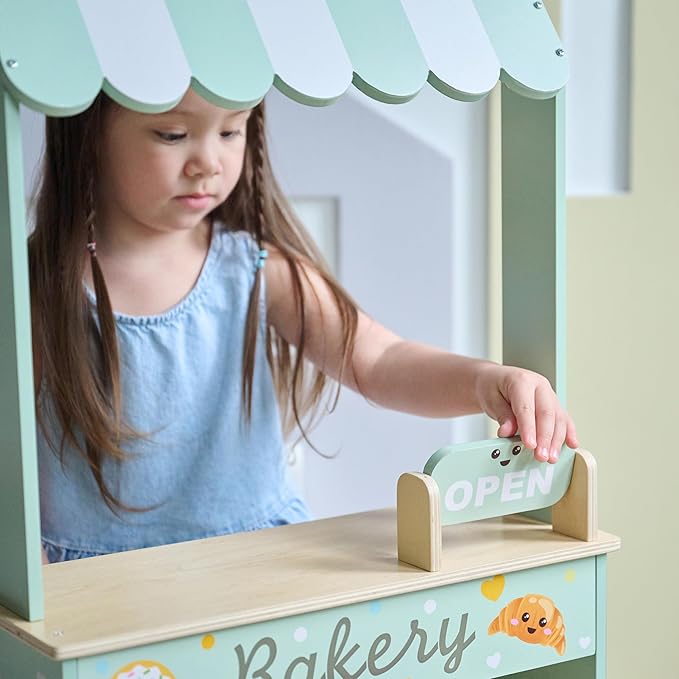 Teamson Kids Jolly Pals Wooden Bakery Market Stand Pretend Playset for Kids Ages 3+, Pastry Play Food Rotating Open/Close Sign, Hidden Storage Educational Role-Play, Pretend Play Wooden Market Stall