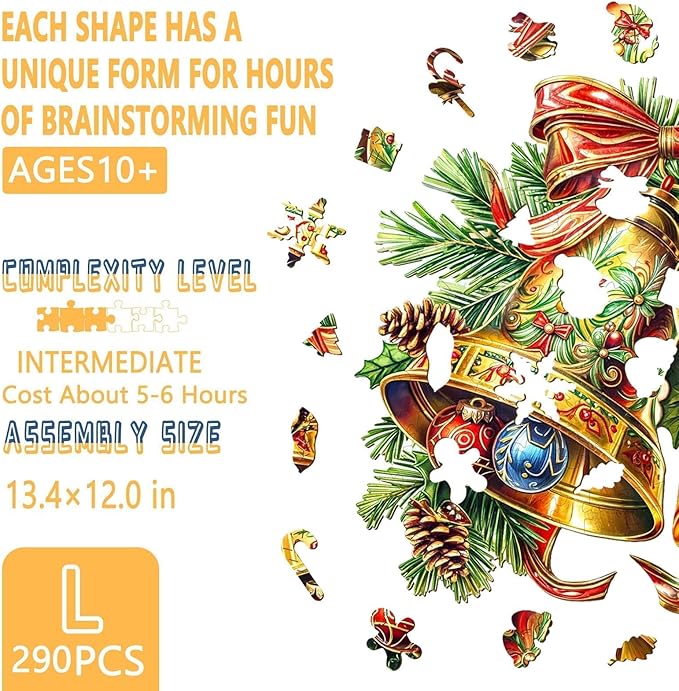 Wooden Puzzles for Adults, Bells Wood Puzzles Adult, Wooden Jigsaw Puzzle for Adults, Holiday Winter Puzzle, Unique Animal Shape, Gifts for Friends and Family(L-13.4 * 12in -290 Pcs)