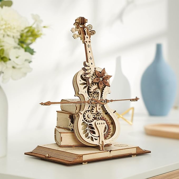 ROKR 3D Puzzles for Adults 1:5 Scale Cello Model Kit with Base 199pcs Wooden Music Box Building Kit Desk Gift for Men Women Hobby for Adults