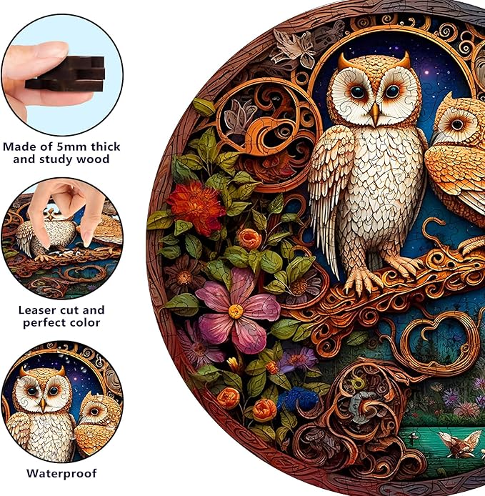 Wooden Puzzles for Adults, Unique Puzzles for Adults, Irregular Animal Shaped Wooden Jigsaw Puzzles, Creative Birthday Gift,11.8 x 9.1 inch, Owl Family
