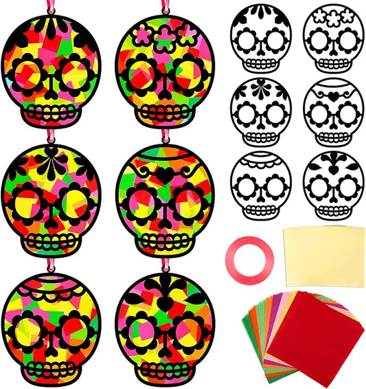 Qyeahkj 36 Set Day of The Dead Suncatchers Crafts for Kids DIY Skull Window Tissue Paper Craft Kit Hanging Decor for Mexico Home Activity Art Project Birthday Party Favor Gift