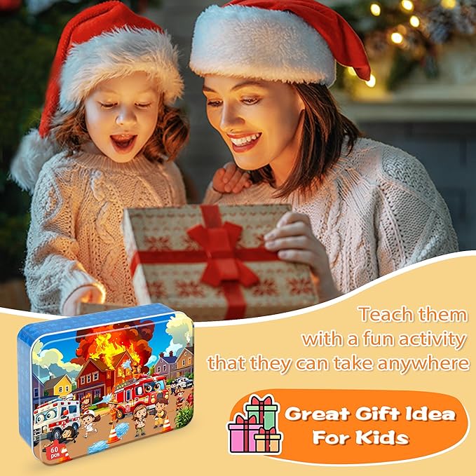 LELEMON Puzzles for Kids Ages 4-6, Fire Fighting 60 Piece Puzzles for Kids Ages 3-5 in a Metal Box, Educational Jigsaw Puzzles Childrens Puzzle Games Puzzle Toys for Girls and Boys