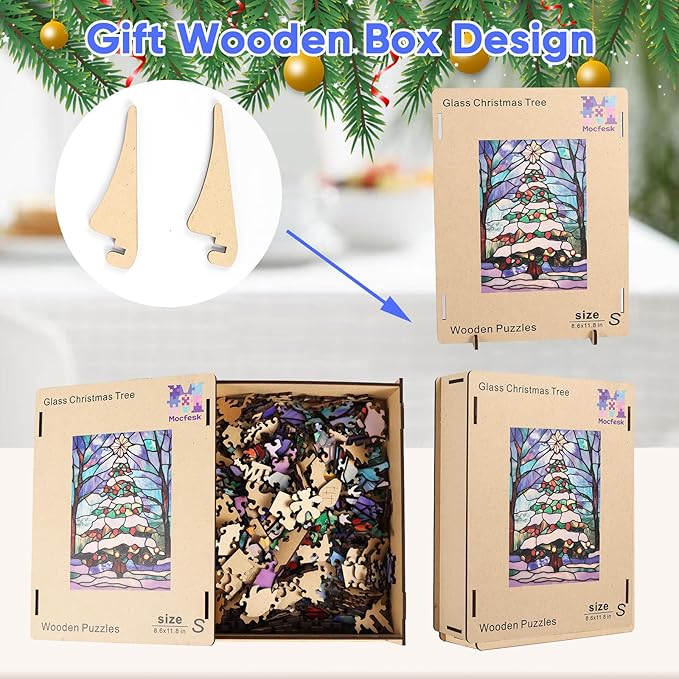 Wooden Puzzles for Adults, Christmas Tree Puzzles 200 Pieces, Unique Shaped Stained Glass Jigsaw Puzzles for Adults and Kids, Birthday Gifts Fun Family Game 11.8'' x 8.9''