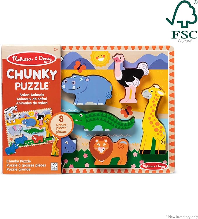 Melissa & Doug Safari Wooden Chunky Puzzle with Wild Animal Theme (8 Pcs) Wooden Puzzles for Toddlers Ages 3+ - FSC Certified