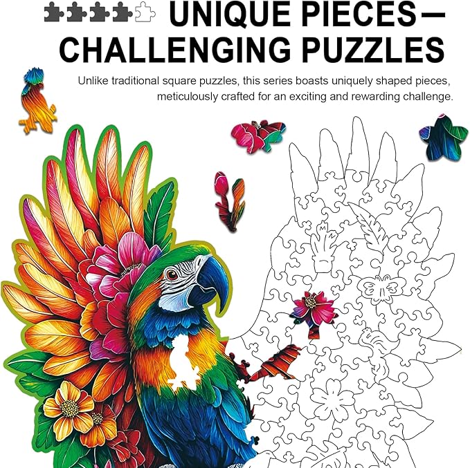 Wooden Puzzles for Adults Floral-Winged Parrot Puzzle - Laser-Cut Unique Shaped Stress Relief Jigsaw Puzzle, Wall Art Home Decor Gift for Family (14.9"×11.1" 200pcs)