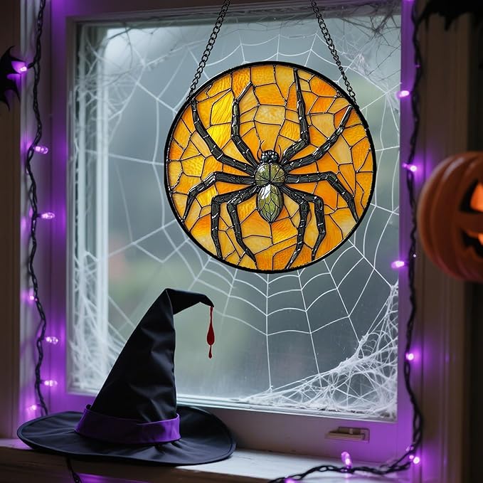 Stained Glass Window Hanging - Halloween Decorations Black Spider Suncatcher for Doors Garden Indoor Spooky Funny Sun Catchers Gothic Decor Horror Gifts for Women Men Friend 15 in