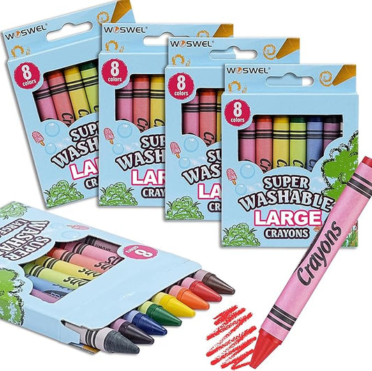 Super Washable Jumbo Crayons Bulk, 4 Pack Crayons with 8 Bright Colors, Non-Toxic Easy-Grip for Toddlers 1-3 & Kids Ages 4-8, Safe Art Supplies for Coloring Books & School Projects
