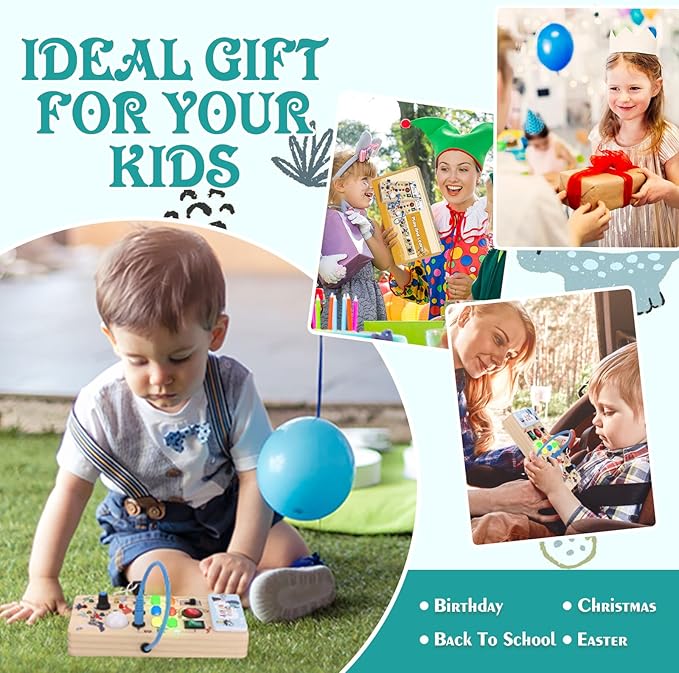 Dinosaur Busy Board with 8 LED Light Switches, Toddler Montessori Busy Board with Light Switch, Sensory Travel Toys, Montessori Toys for 1+ Year Old Boys