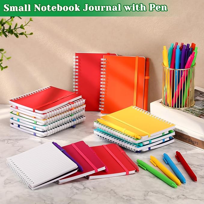 Fulmoon 100 Set A6 Spiral Notebook with Ballpoint Pen in 10 Colors 50 Sheets, 4" x 6" Bulk Ruled Small Notebooks Journals for Back to School Supplies Students Gifts Office Coworkers (Candy Brights)