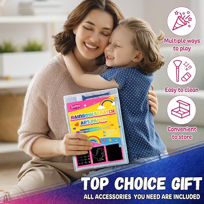 Scratch Art for Kids, Funtopia 100 Sheets Rainbow Scratch Paper, Black Scratch Off Paper Craft Kits, School Art Supplies Classroom Prizes Travel Toys Birthday Party Gifts, for Boys Girls ages 4-8 8-12