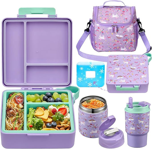 Bento Lunch Box for Kids with 17oz Soup Thermo,Insulated Tumbler Water Bottle and Insulated Lunch Bag,Leak-Proof 3 Compartment Lunch Food Container with with Ice Pack for Kids to School-Horse