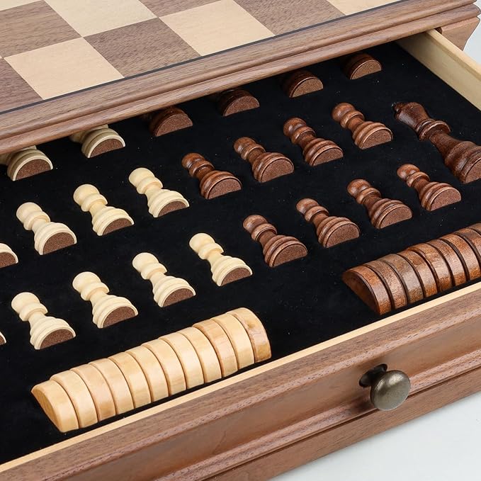 REEIVER 15" Wooden Chess Sets with Built-in Storage Drawer, 2 in 1 Chess& Checkers Board Games for Adults and Kids
