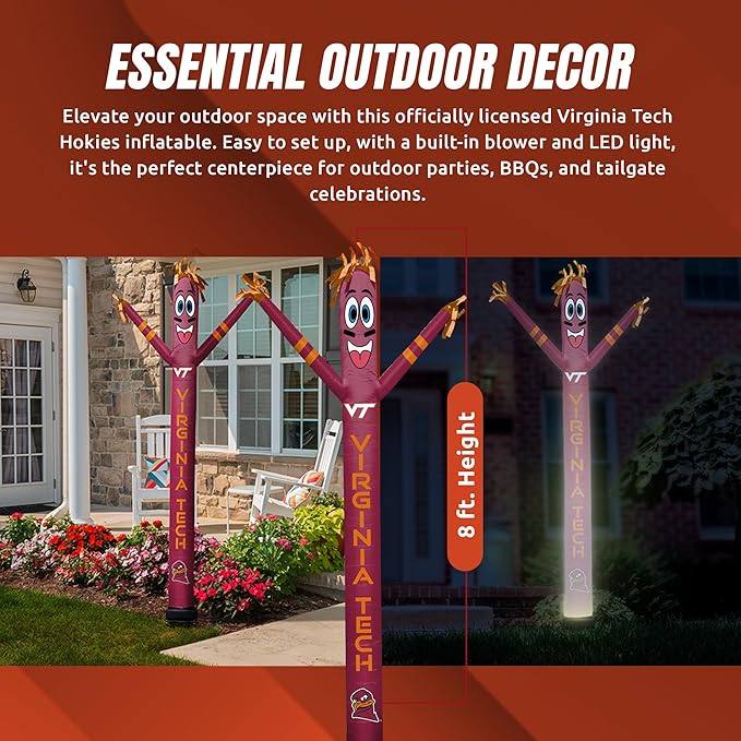 NCAA VT Hokies Football Wacky Waving Inflatable Tube Guy with LED Lights & Built-in Blower - 6" x 36" x 96" Inflatable Tube Man Crazy Sports Fan Outdoor Party Decoration
