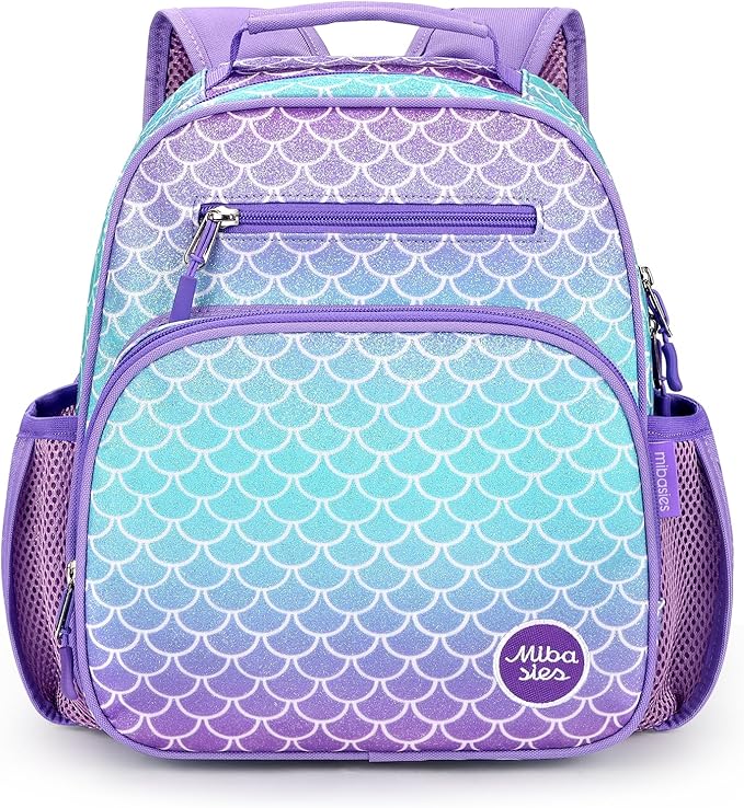 mibasies Toddler Backpack for Girls 2-4: Glitter Kids Backpacks for Girls - Preschool Kindergarten Backpack - Fish Scale Purple