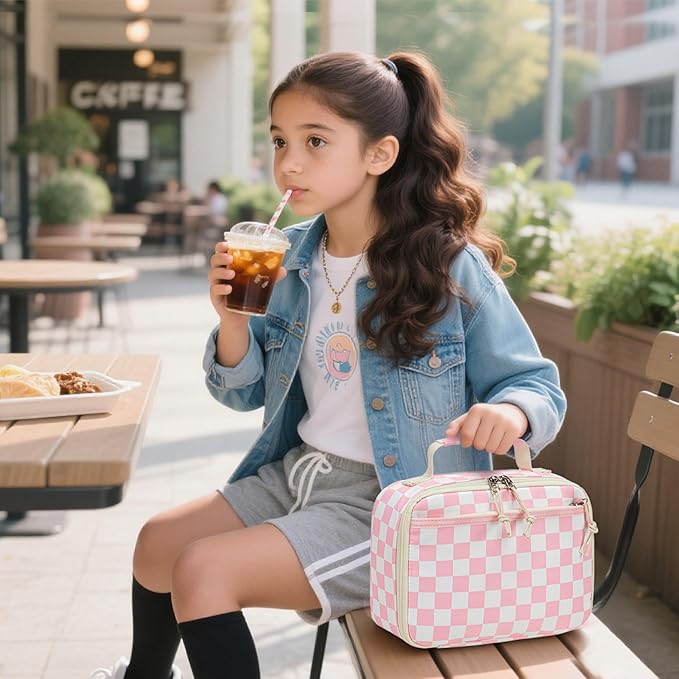 LEDAOU Kids School Backpack with Lunch Box for Girl Boy Toddler BookBag School Bag Preschool Kindergarten Backpack (Pink Checkered)