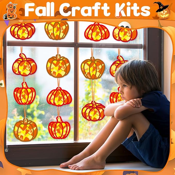 36 Set Fall Pumpkin Suncatchers Crafts for Kids DIY Autumn Window Tissue Paper Crafts Kit Thanksgiving Pumpkin Hanging Decor for Fall School Home Activity Art Project Birthday Party Favor Gift