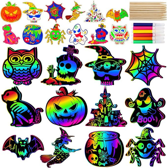 Natonhi Halloween Crafts Scratch Art for Sudent, 96PCS Halloween Games Magic Rainbow Scratch Paper Off Cards Set for Sudent Classroom Activities Crafts Party Favors