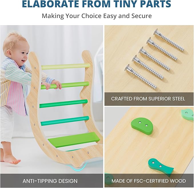 BlueWood Pikler Triangle Set, Toddler Wooden Climbing Toys Indoor 7in1 Foldable Climber for Kids, Montessori Philosophy Play Jungle Gym with Arch, Ramp, Ladder (Green Summer)