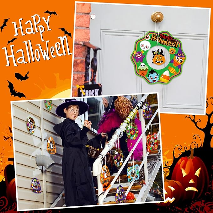 24 Sets Halloween Crafts and Arts for Kids Ages 4-8 Halloween Wreath Ornaments Craft Kits for Decorations Wreath Signs with Ghost Owl Witch Bats for Kids Art Gift Favors Trick or Treat Front Door