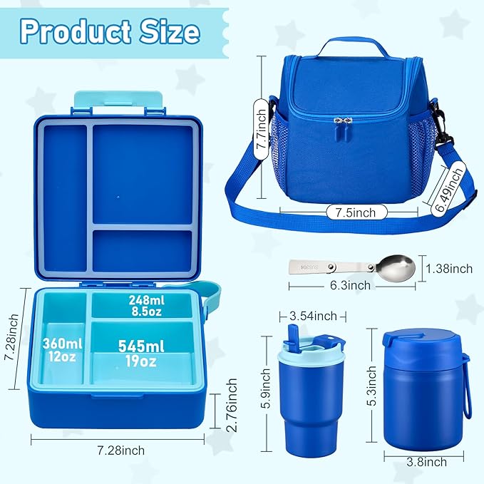 Bento Lunch Box for Kids with 17oz Soup Thermo,Insulated Tumbler Water Bottle and Insulated Lunch Bag,Leak-Proof 3 Compartment Lunch Food Container with with Ice Pack for Kids to School-Blue