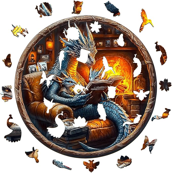 KAAYEE Wooden Puzzles for Adults, 3D Visual Effect Dragon Family Night Reading Wooden Jigsaw Puzzle Unique Shape Wood Puzzle Adult, 3D Effect Flat Puzzle Birthday Family Games (L-13.4*13.4 in-295pcs)