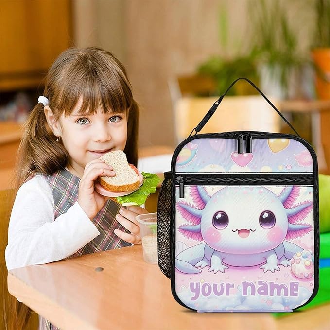 Custom Axolotl Lunch Box - Cute Reusable Axolotl Lunch Bag for Women Men Kids - Small Portable Foldable Insulated Lunchbox for School Work Picnic