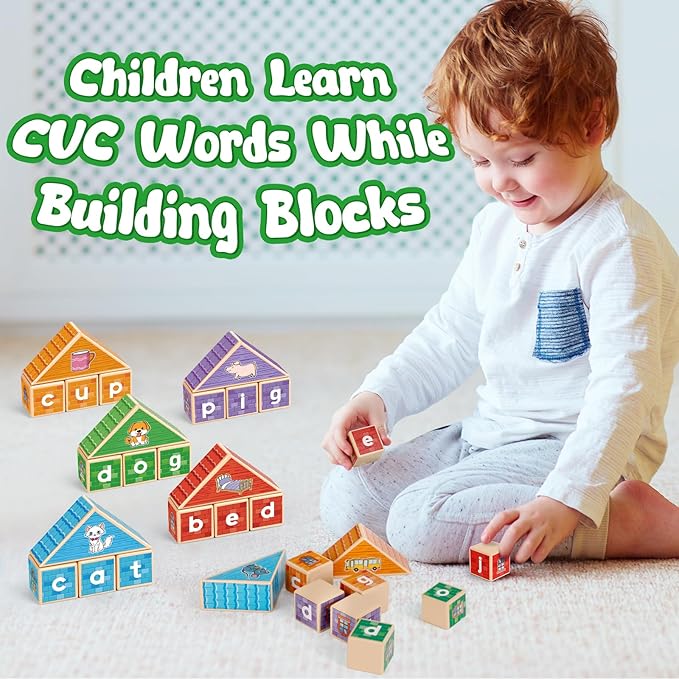 CVC Kasfalci Wooden Alphabet Letter Blocks - Toddler Phonics Games for Learning to Read & Spell, Speech Therapy Toys for Preschool Kindergarten Classroom