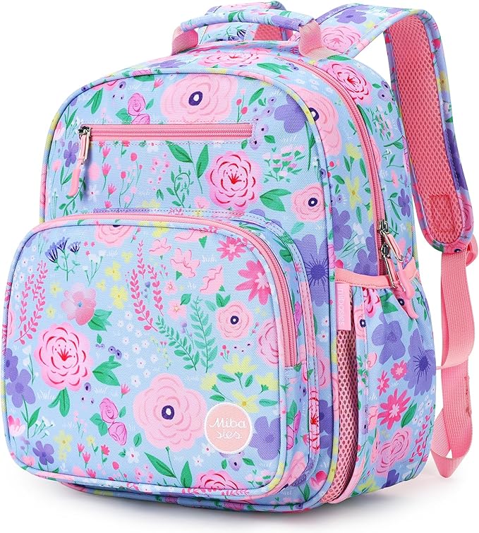 mibasies Kids Backpack for Girls: Girls Backpack 5-8 - Kindergarten Elementary School Bookbag for Girl - Flower Light Blue