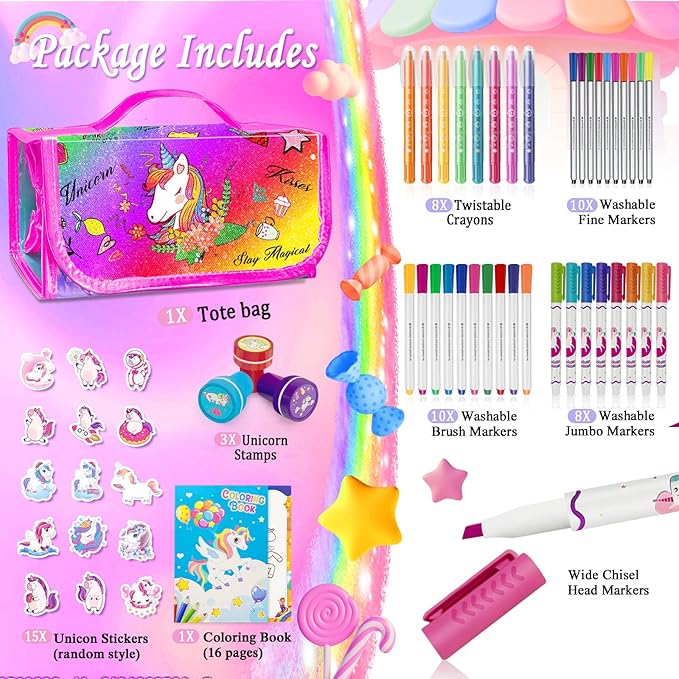 56 PCS Washable Scented Markers Set with Glitter Pencil Case, Mermaid Unicorn Arts and Crafts for kids 4-6-8 Kids Coloring Drawing Kits for 4-8 Years Old Girls Birthday Gifts