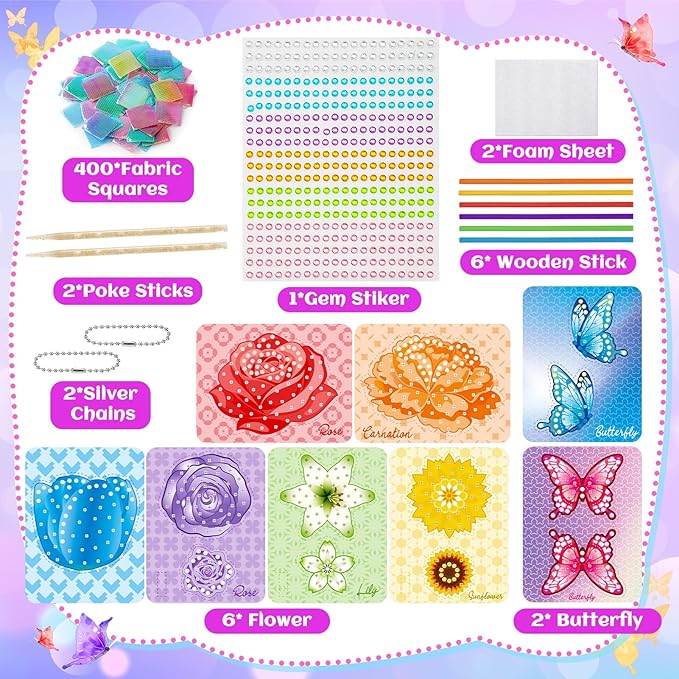 CrispPlay Crafts for Kids Ages 4-8 8-12 Girls Toys, 8pcs Poke Art Craft Kits for 4 5 6 7 8 9 Year Old Girls Birthday Christmas Gifts, DIY Bouquet & Butterfly, Mess Free