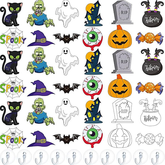 Jenaai 72 Pcs Halloween Window Art Suncatcher Kits DIY Window Suncatchers Ornament for Kids to Paint with 24 Suction Cups for Kids Gift