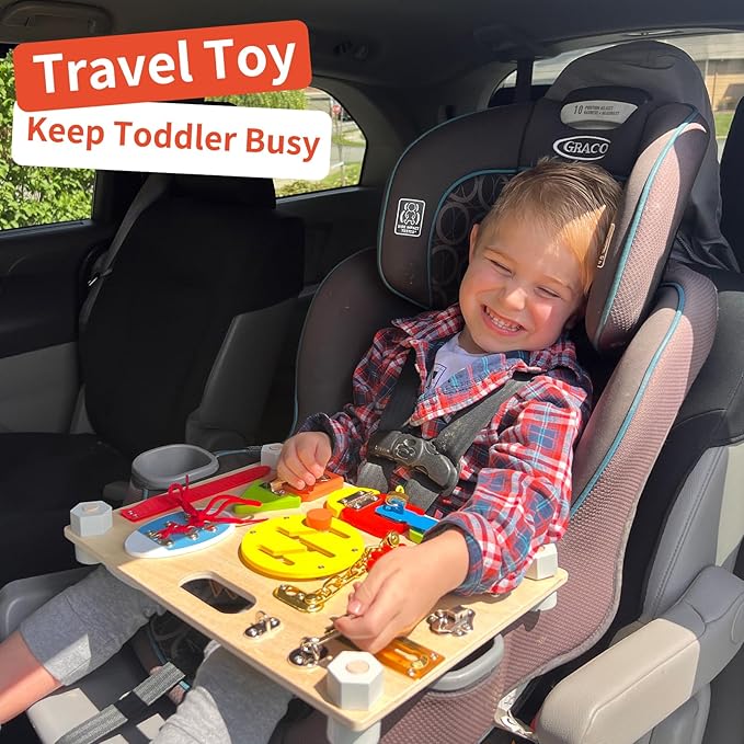 Double-Sided Montessori Busy Board for Toddlers 3-5, Train Babies Fine Motor Skills, Toddler Boy Toy of Sensory Activity Board, Wooden BusyBoard for 3+ Year Old Kids Birthday Gift