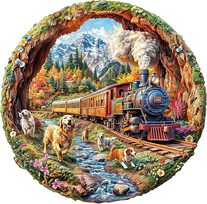 KAAYEE Wooden Puzzles for Adults, 3D Visual Effect Dogs Racing Against Trains Wooden Jigsaw Puzzle Unique Shape Wood Puzzle Adult, 3D Effect Flat Puzzle Birthday Family Games (L-13.4 * 13.1in-285pcs)