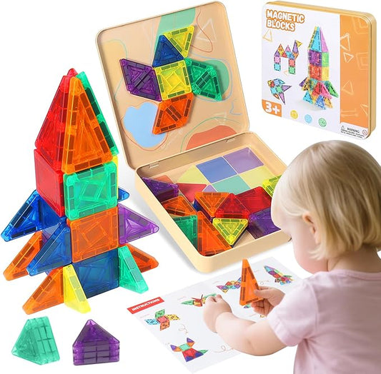 60 PCS Mini Magnetic Tiles, Travel Magnetic Tiles Magnetic Building Blocks with Iron Box, Portable Travel Toys for Kids Ages 4-8, STEM Learning Educational Construction Travel Toys for Toddlers 3+