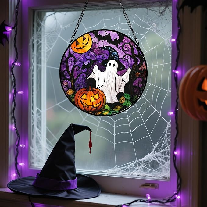 Stained Glass Window Hanging Halloween White Ghost Black Bat 6.3" - Suncatcher Door Garden Sunroom Horror Pumpkin Sun Catcher Birthday for Friend Mom Men Woman Nana